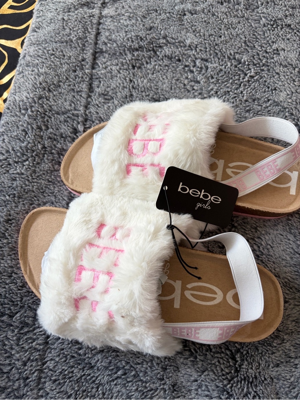 bebe Girls White Faux-Fur Slide Sandals with Pink Logo